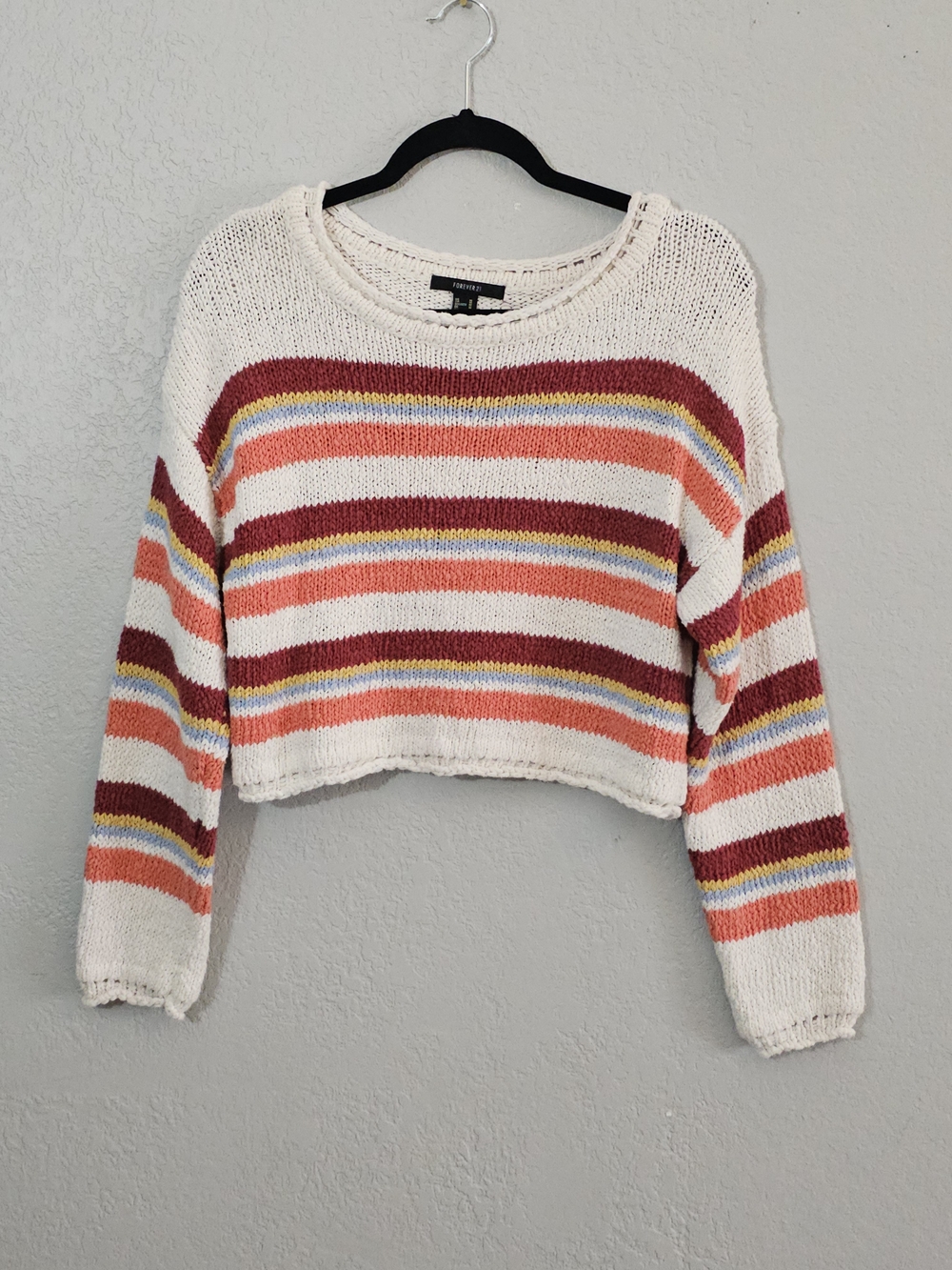 Forever 21 Colorful Striped Crew Neck Cropped Knit Sweater Womens Medium